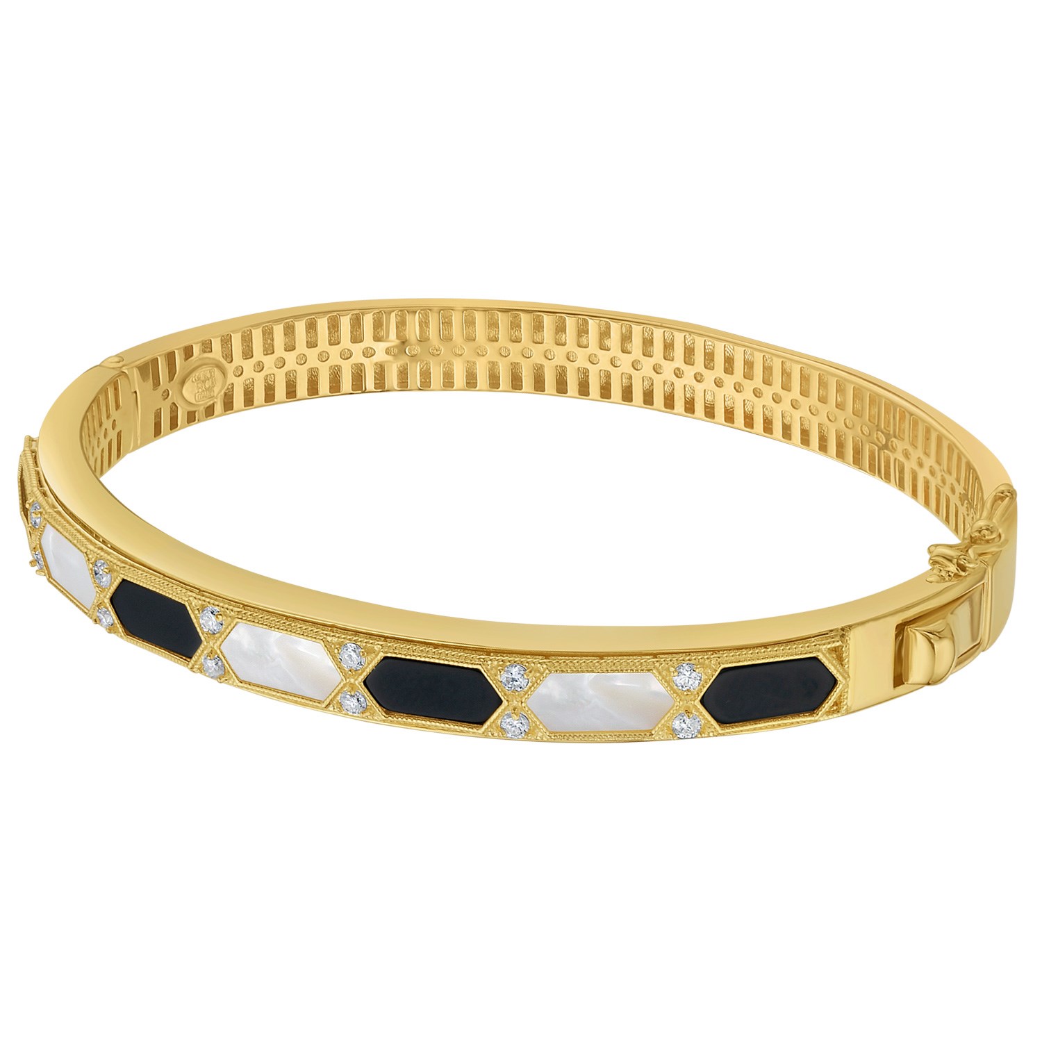 14K Yellow Gold Black And White Art Deco Hexagon Bangle - Image 2