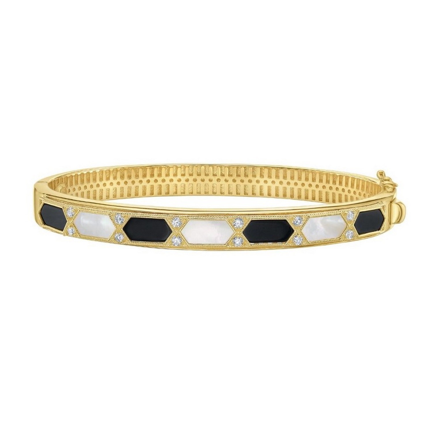 14K Yellow Gold Black And White Art Deco Hexagon Bangle - Image 3