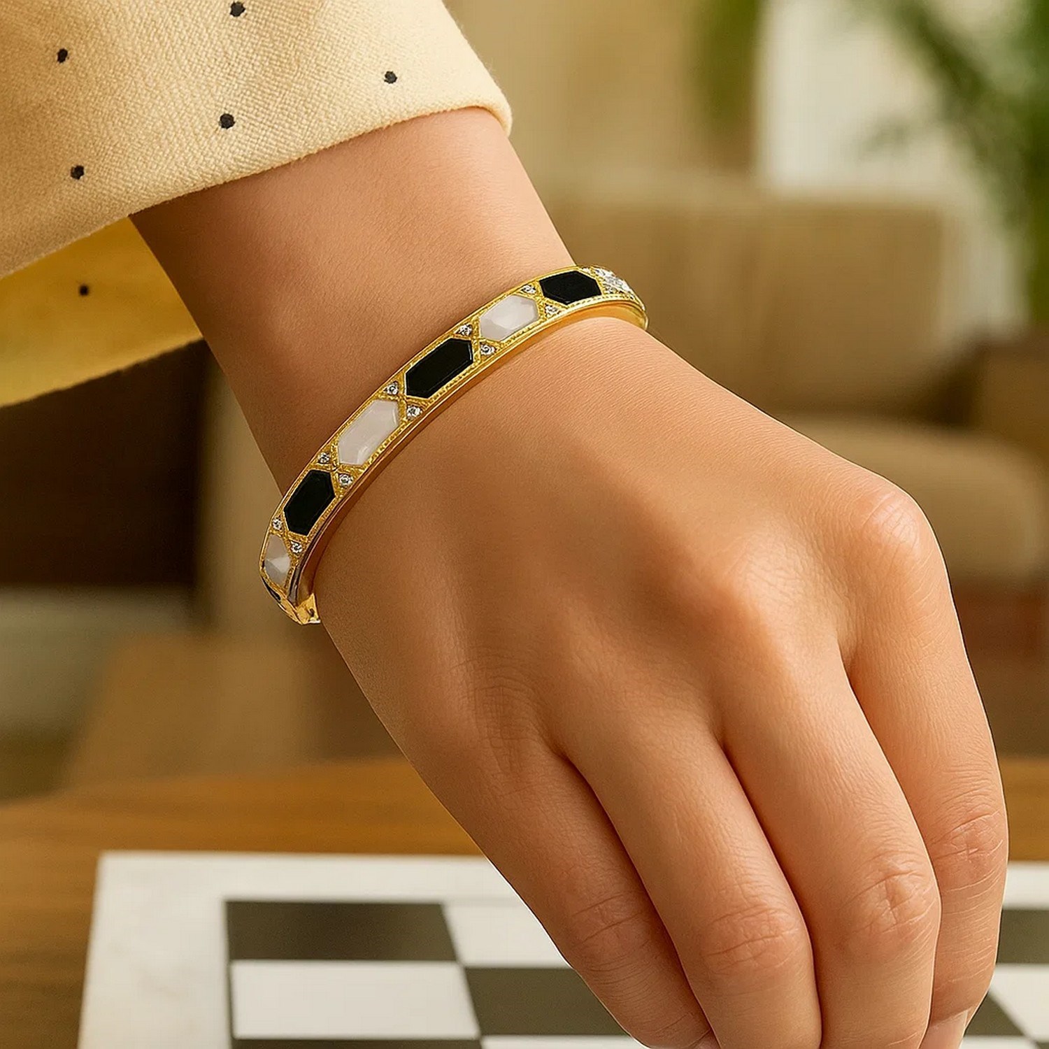 14K Yellow Gold Black And White Art Deco Hexagon Bangle - Image 4
