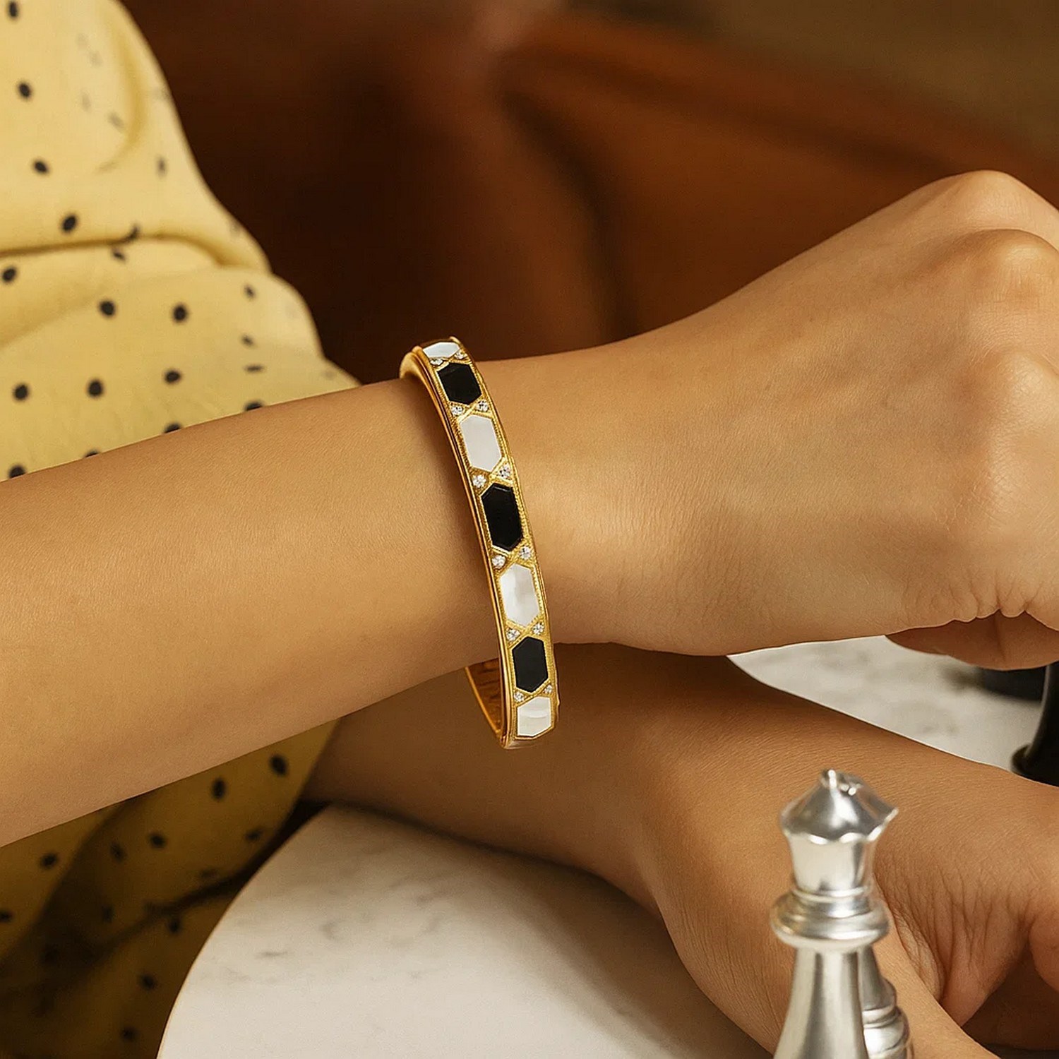14K Yellow Gold Black And White Art Deco Hexagon Bangle - Image 5
