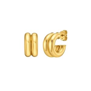 14K Yellow Gold Puffed Double Row C Hoop Earrings