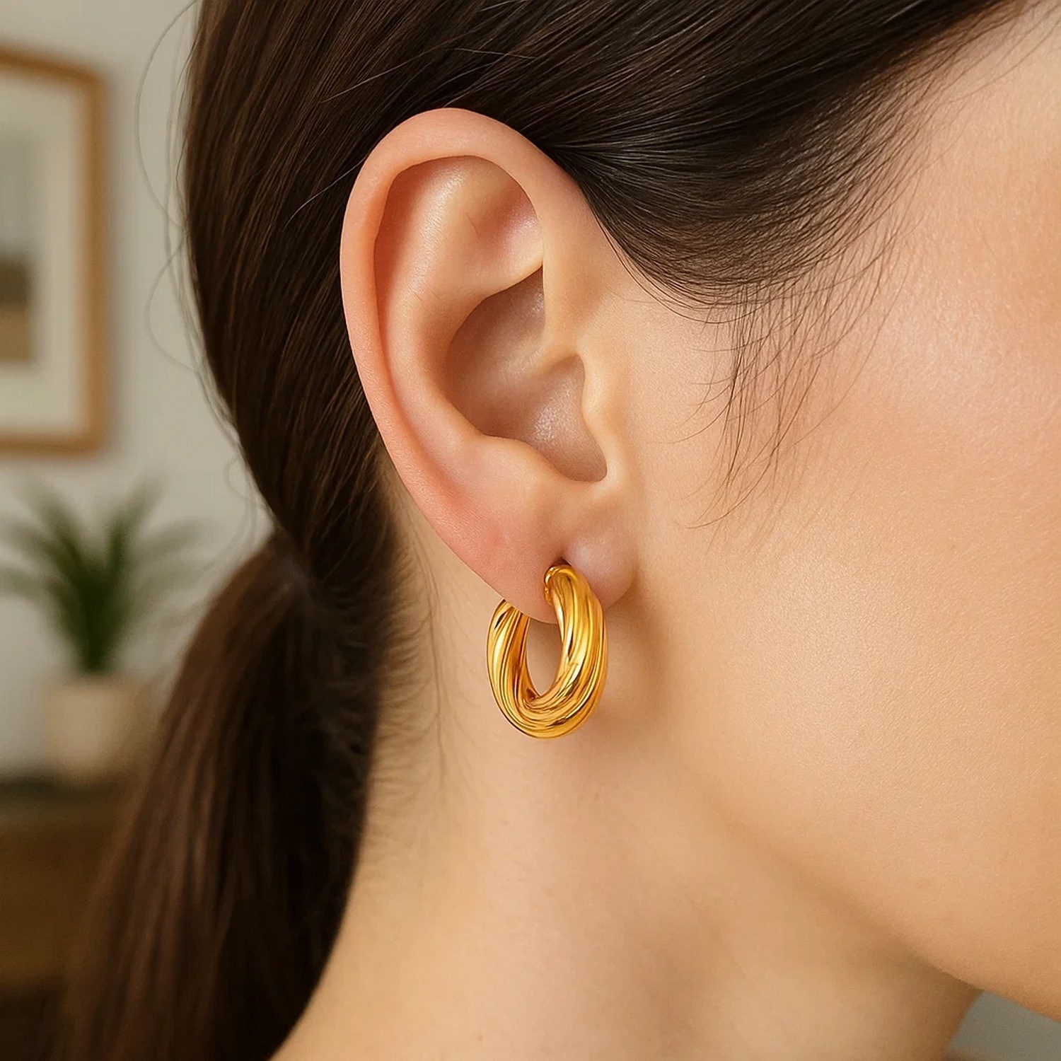 14k Yellow Gold Fancy Twist Hoop Earrings - Image 2