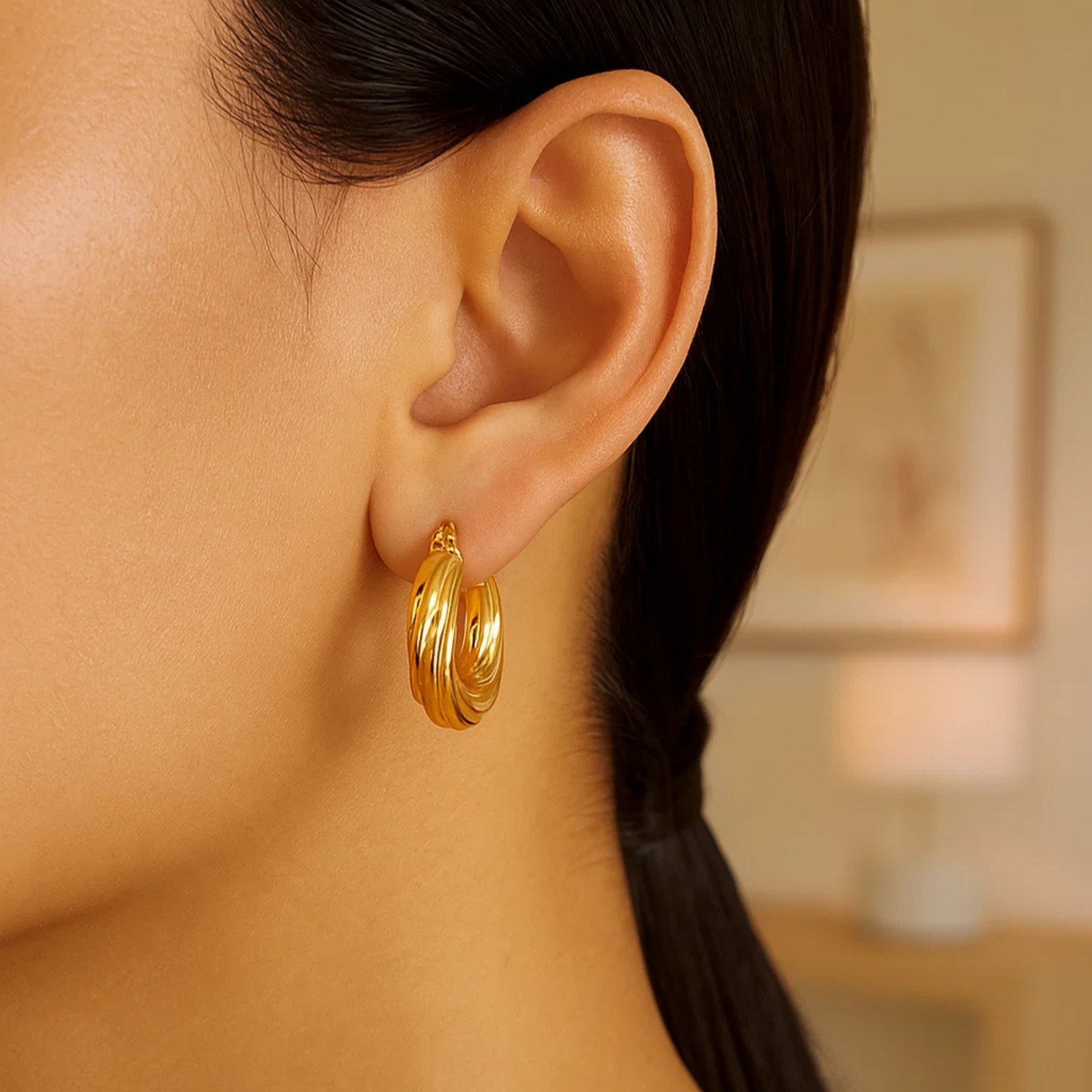 14k Yellow Gold Fancy Twist Hoop Earrings - Image 3