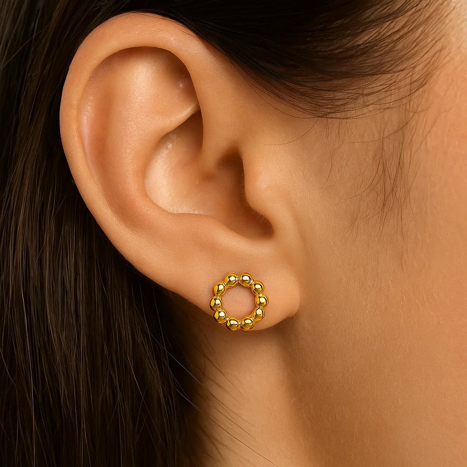 14K Yellow Gold Beaded Circle Earrings(6.8mm) - Image 2
