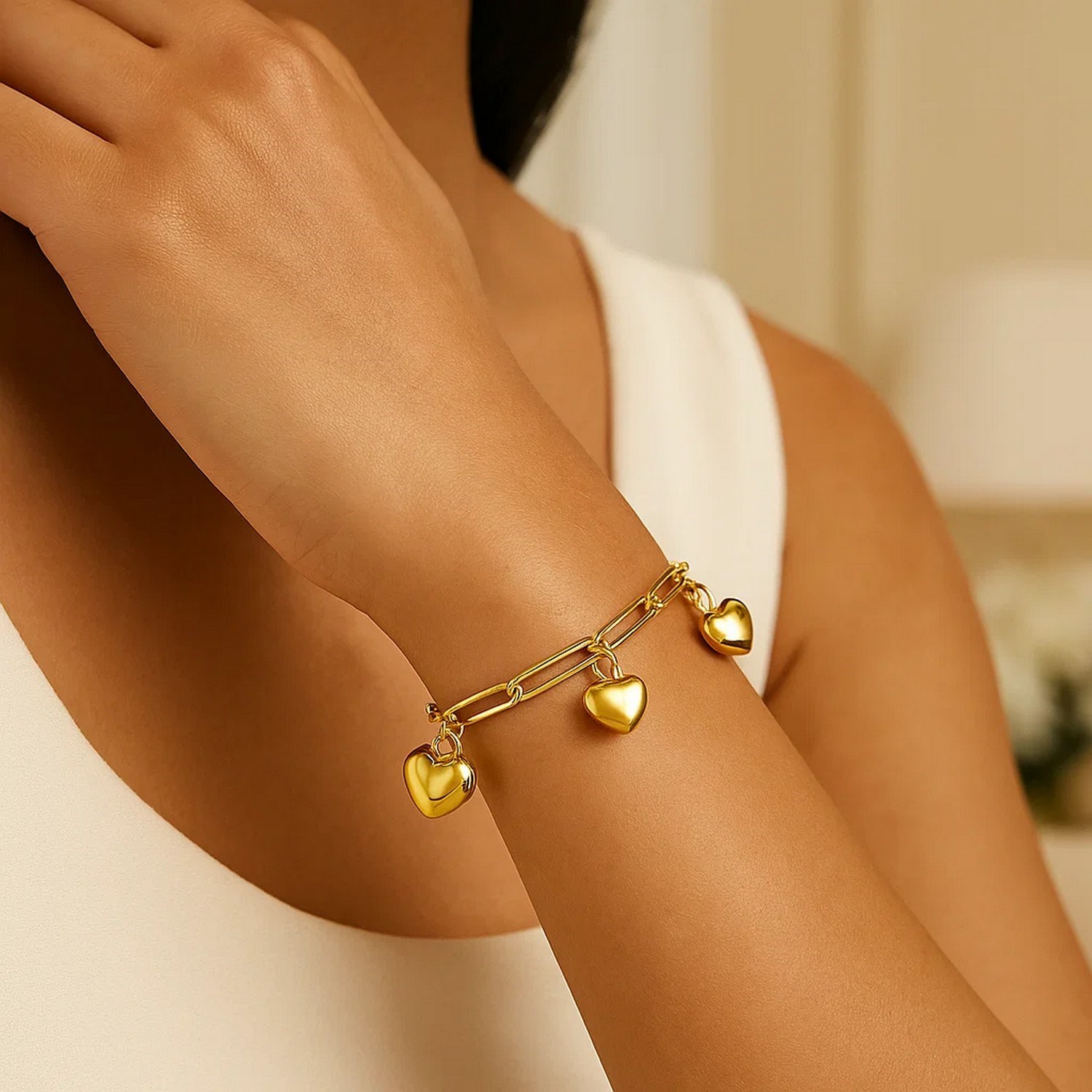 14K Yellow Gold Puffed Heart Charm Bracelet - Image 2