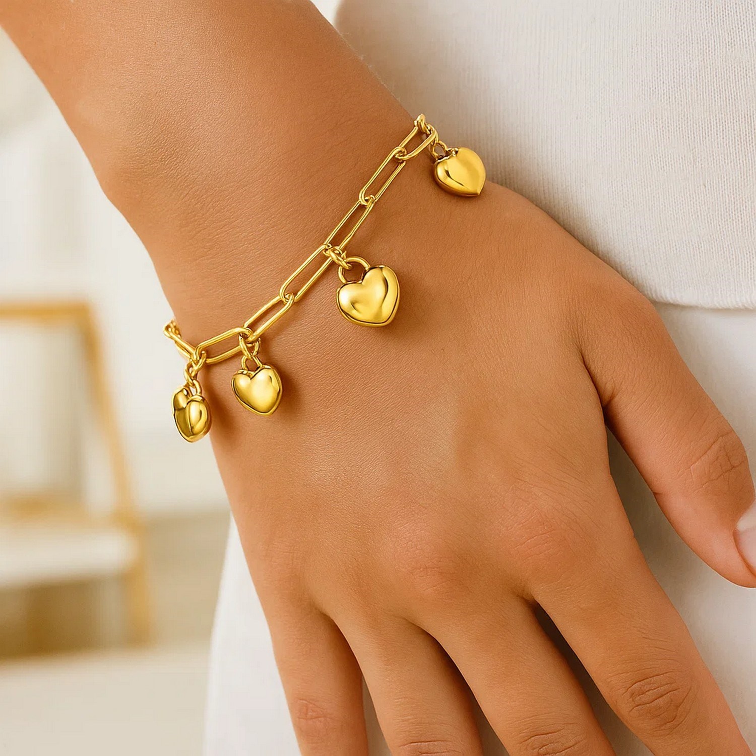 14K Yellow Gold Puffed Heart Charm Bracelet - Image 3