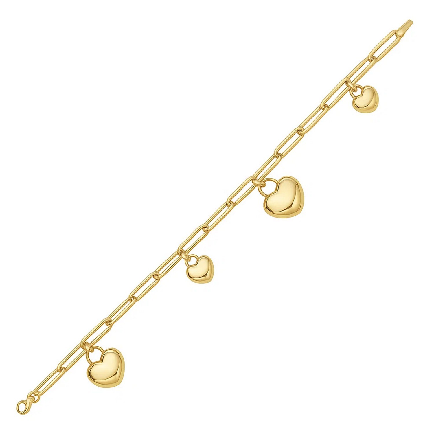 14K Yellow Gold Puffed Heart Charm Bracelet - Image 4