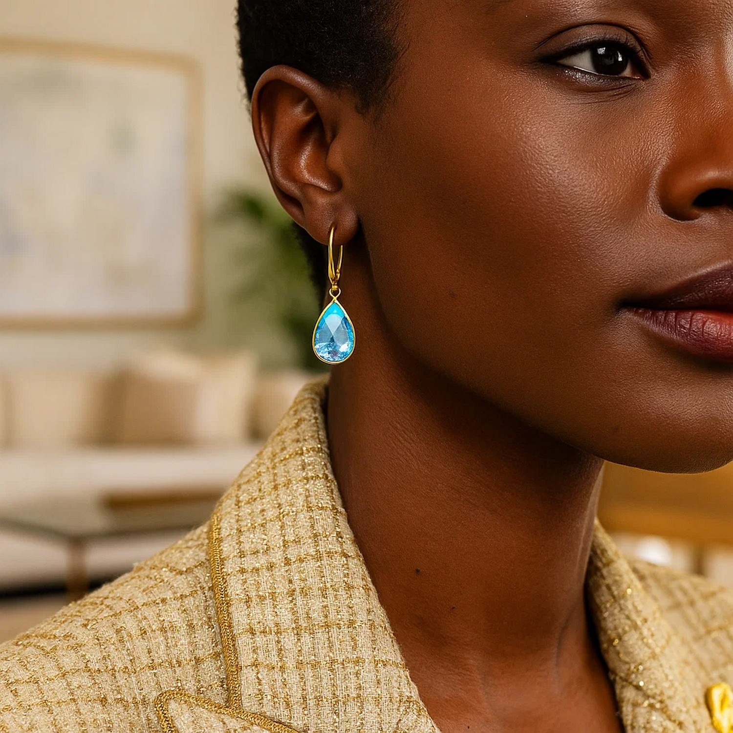 Drop Earrings with Pear-Shaped Blue Topaz Briolettes in 14k Yellow Gold - Image 2