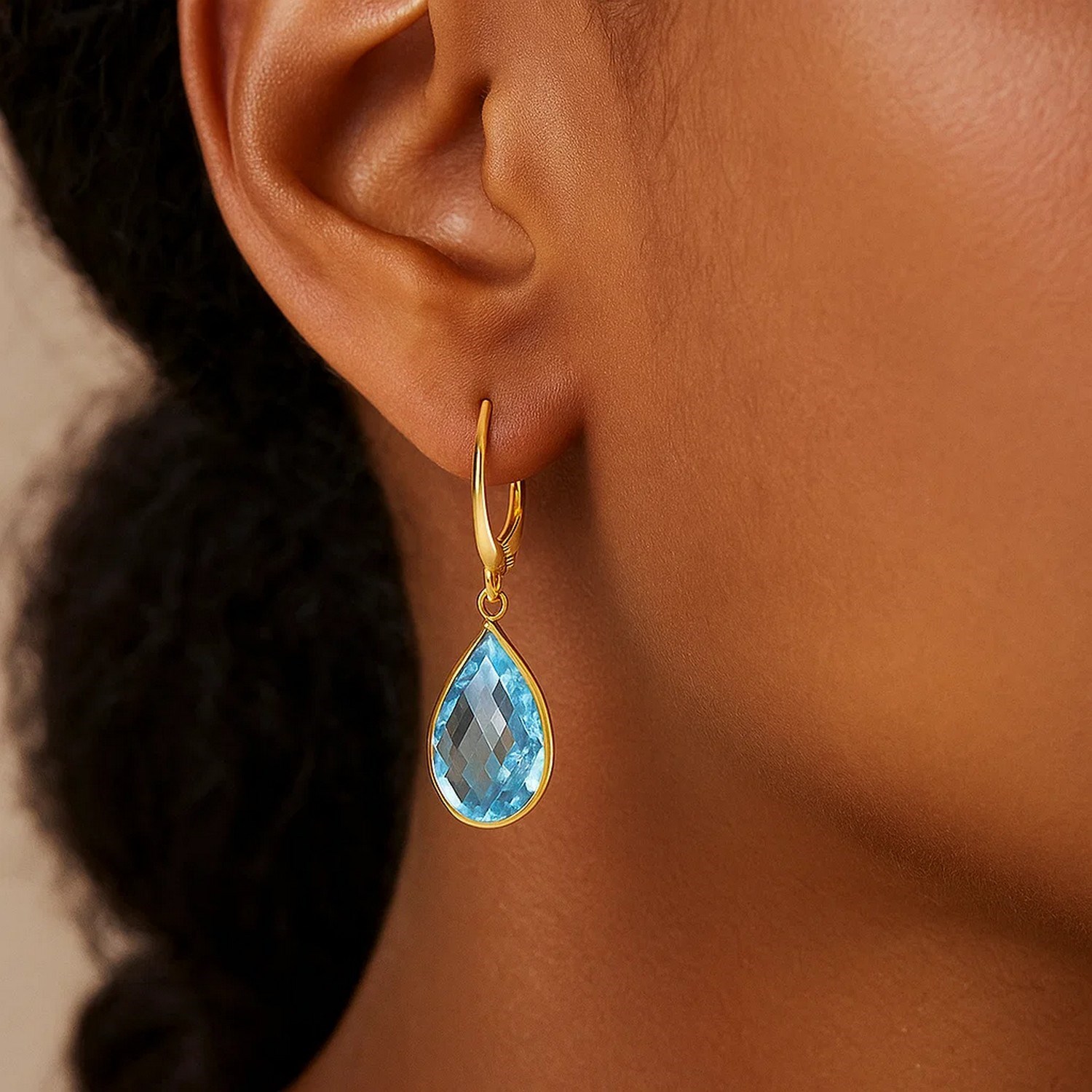 Drop Earrings with Pear-Shaped Blue Topaz Briolettes in 14k Yellow Gold - Image 3