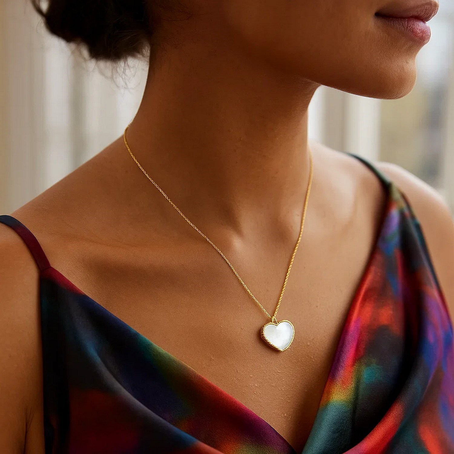 14k Yellow Gold High Polish Heart Pearl Paste Necklace - Image 3