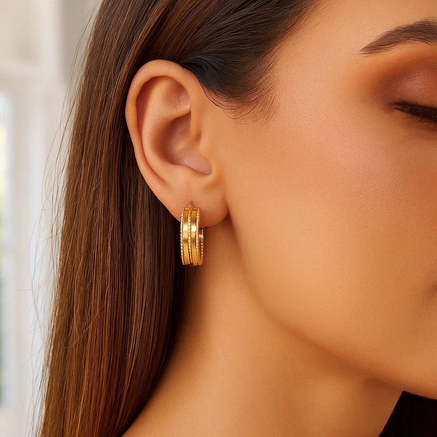 14K Yellow Gold Double Sparkle Spring Hoops Earrings - Image 2