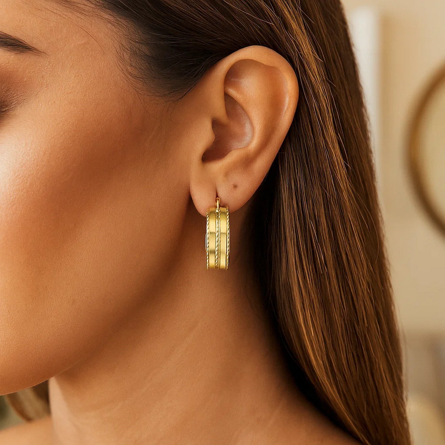 14K Yellow Gold Double Sparkle Spring Hoops Earrings - Image 3