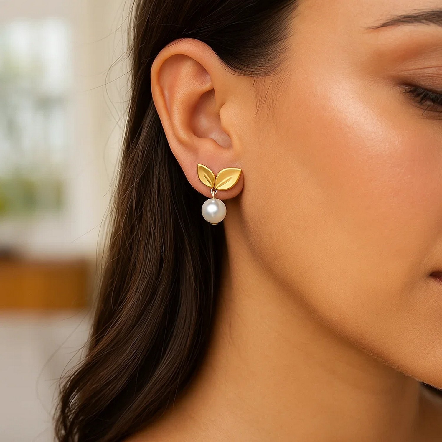 Pearl Drop Earrings with Cherry Leaf in 14K Yellow Gold - Image 3